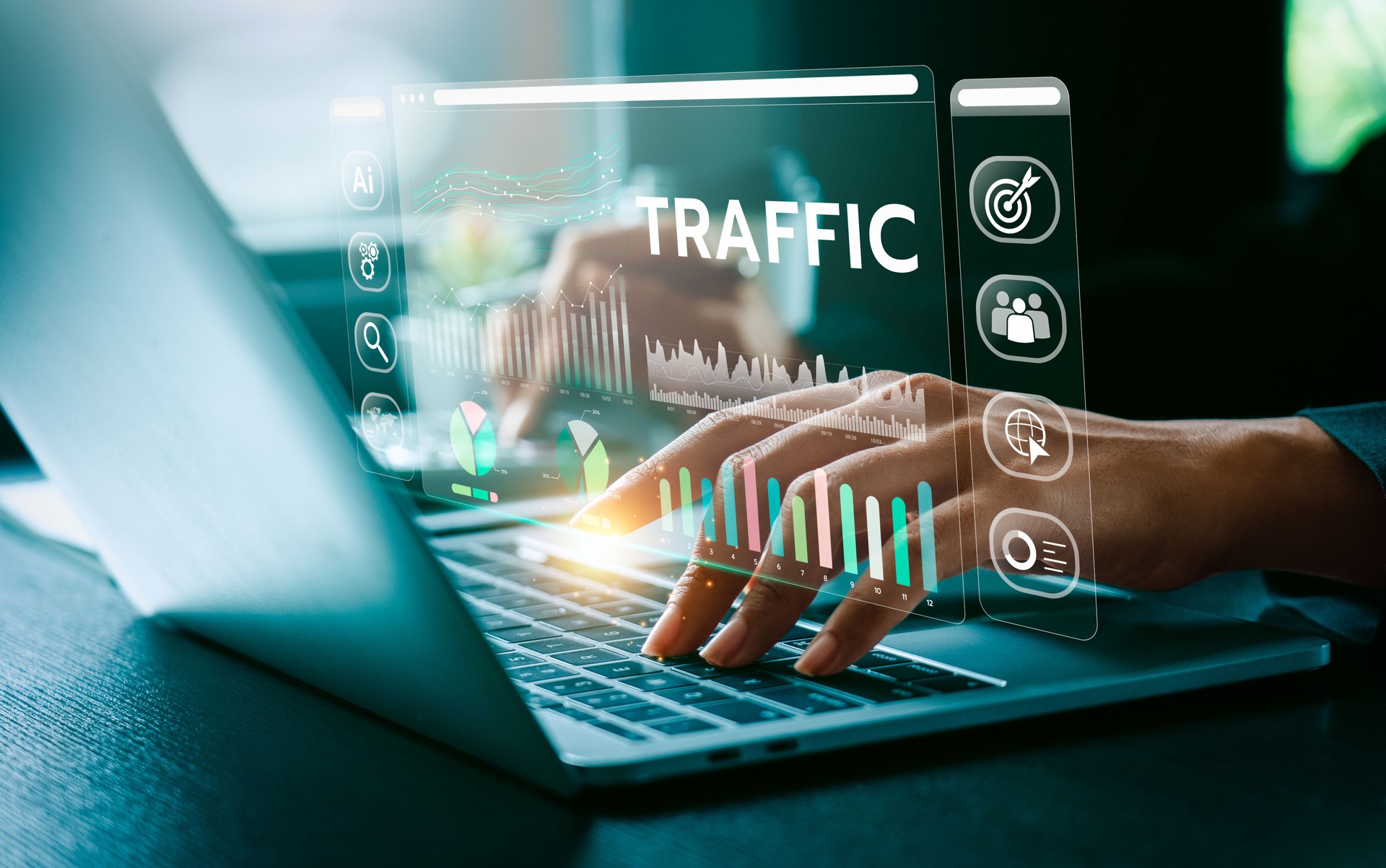 Advanced Digital Traffic Analysis, Business Professional Utilizing Cutting-Edge Technology and AI to Enhance Website Performance and User Engagement Through Detailed Data Insights, Strategic Planning