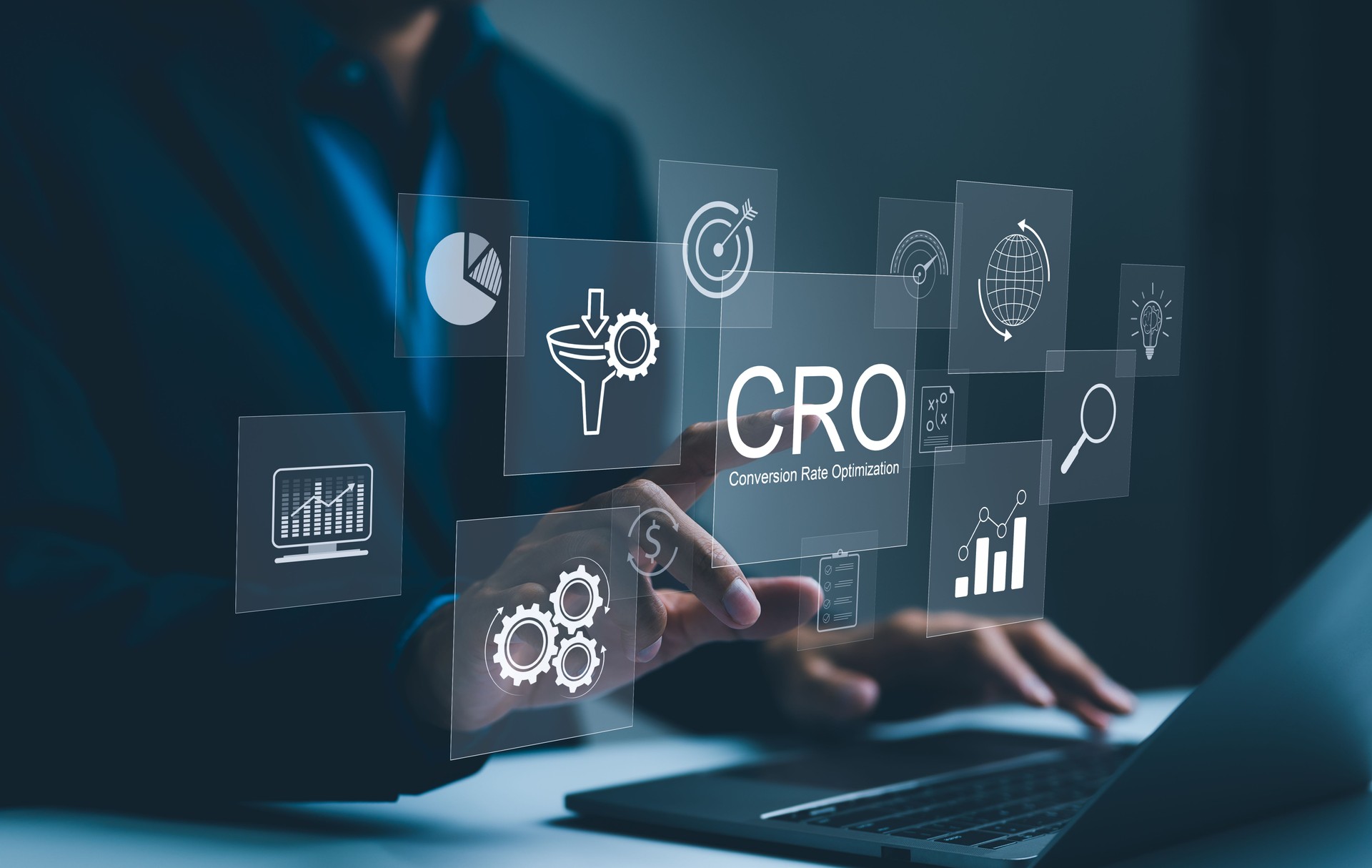 CRO, conversion rate optimization technology concept. A person works on a laptop with CRO related technology icons, symbolizing conversion rate optimization and digital marketing. business strategy,